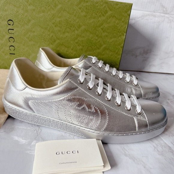 NIB Gucci Ace Mens Low top Interlocking GG Sneaker 660266 Silver Leather US 8 - Picture 3 of 14